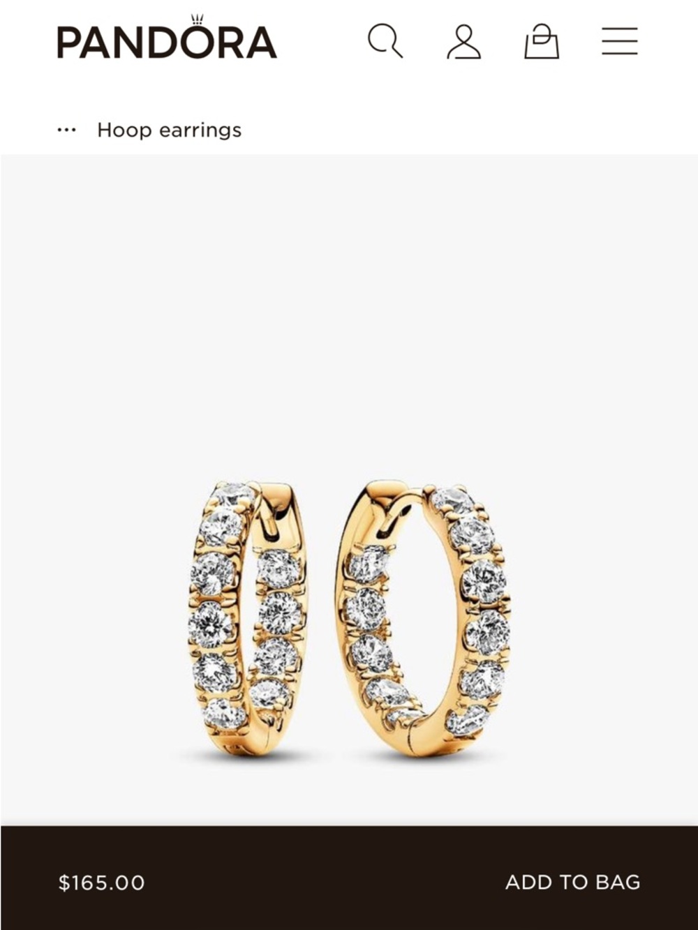 Pandora Gold Hoop Earrings with Clear Stones
